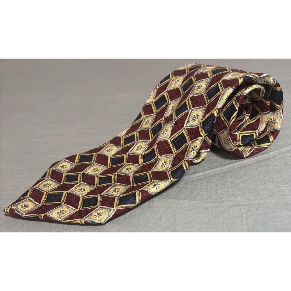 ROBERT TALBOTT Geometric Silk Tie Hand Sewn Red Yellow USA Made
